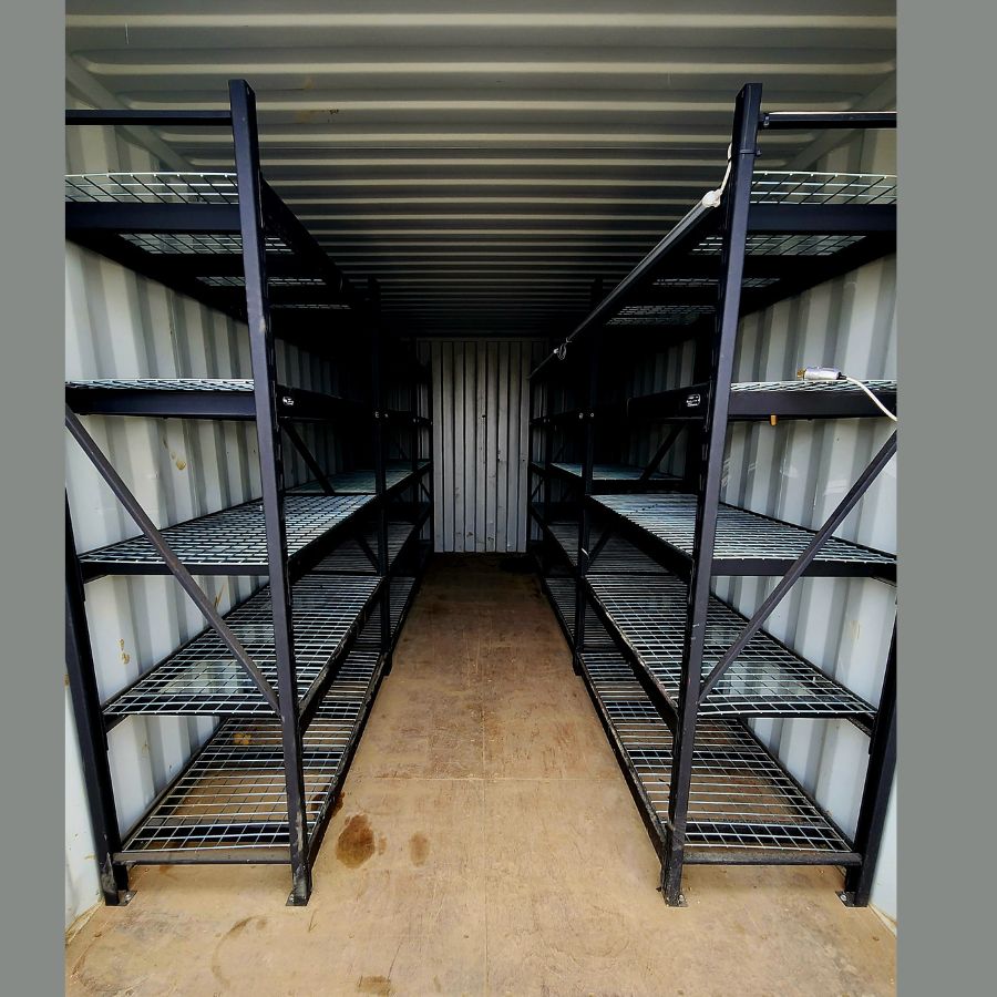 20’ New (1-Trip) Container w/ Shelving on BOTH sides - Royal Ace Storage